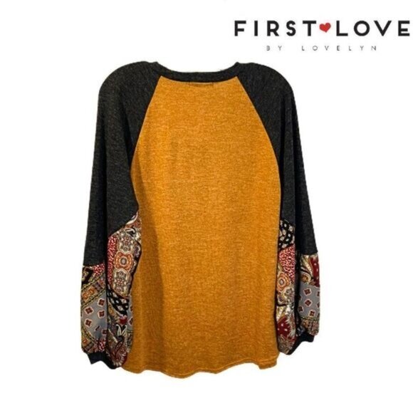First Love by Lovelyn Women's V- Neck Patchwork Balloon Sleeves Loose‎ Fit shirt - Picture 2 of 5